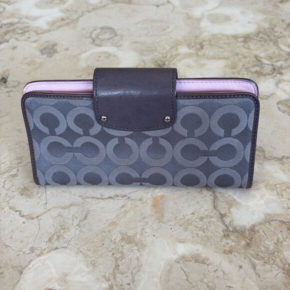 Coach Madison Op Art Sateen Grey & Pink Leather Wallet Signature Monogram - Picture 2 of 12